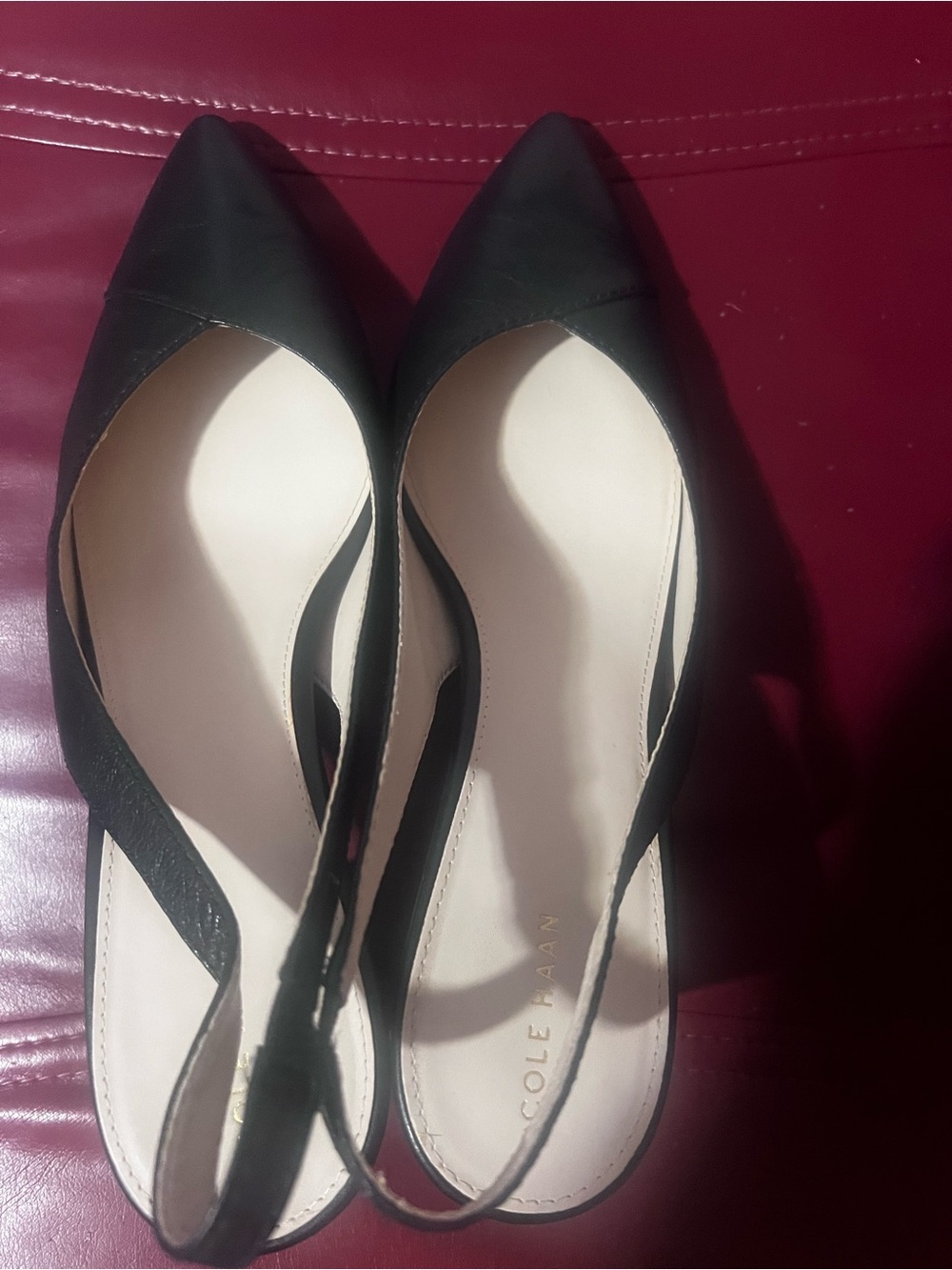 Cole Haan Black Leather Slingback Block Heel with Stacked Wood Finish - Picture 3 of 5